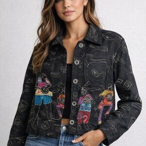 Chico’s Embroidered Boho Jacket Black Artistic Tribal Statement Piece size 0